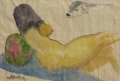 Reclining, Nude Woman, Sunbathing, Watercolor, Blue, Yellow, Green "In Stock"
