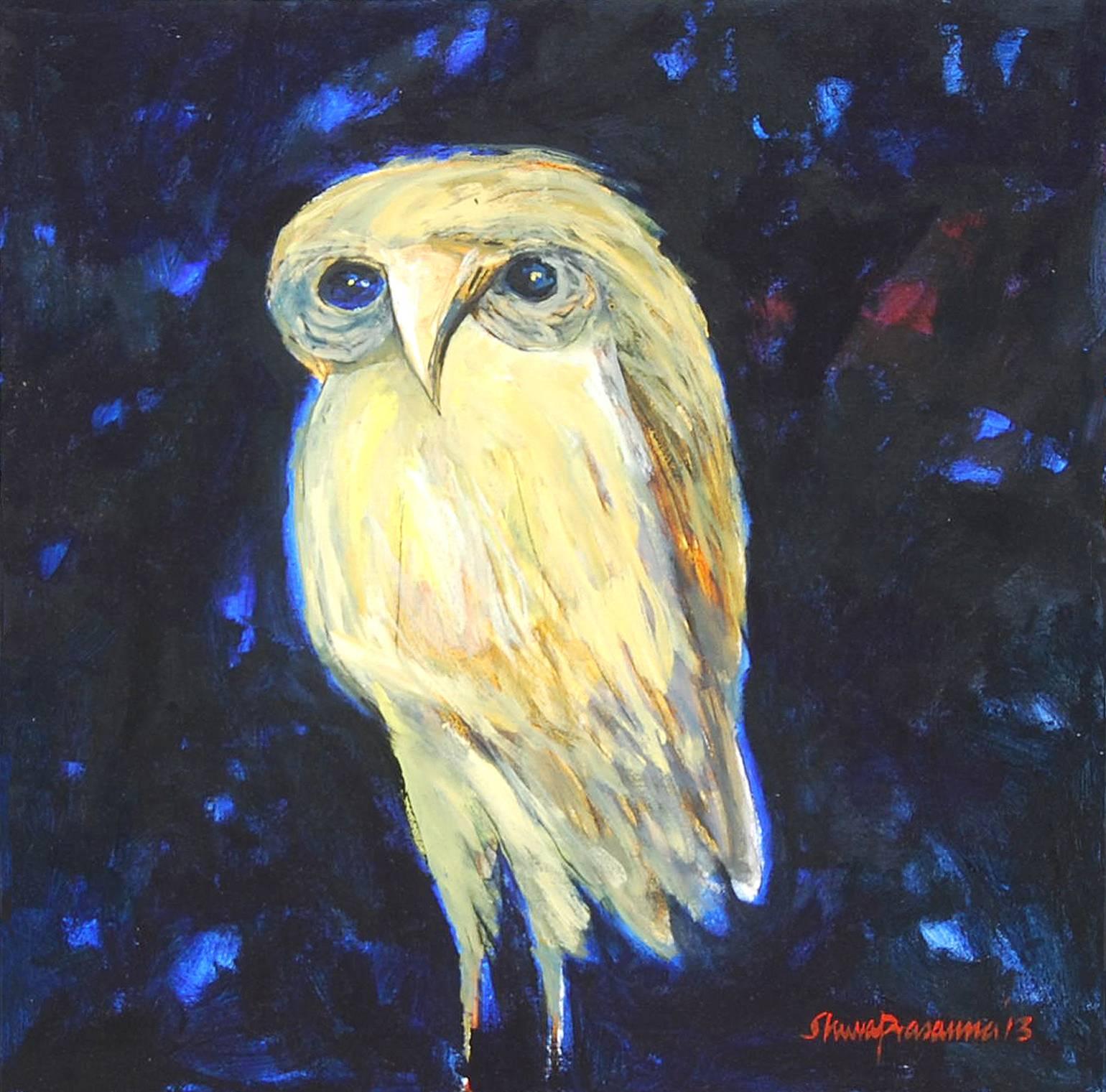 The Owl, Goddess Laxmi's Consort, Oil & Acrylic Painting, Blue, Yellow"In Stock"