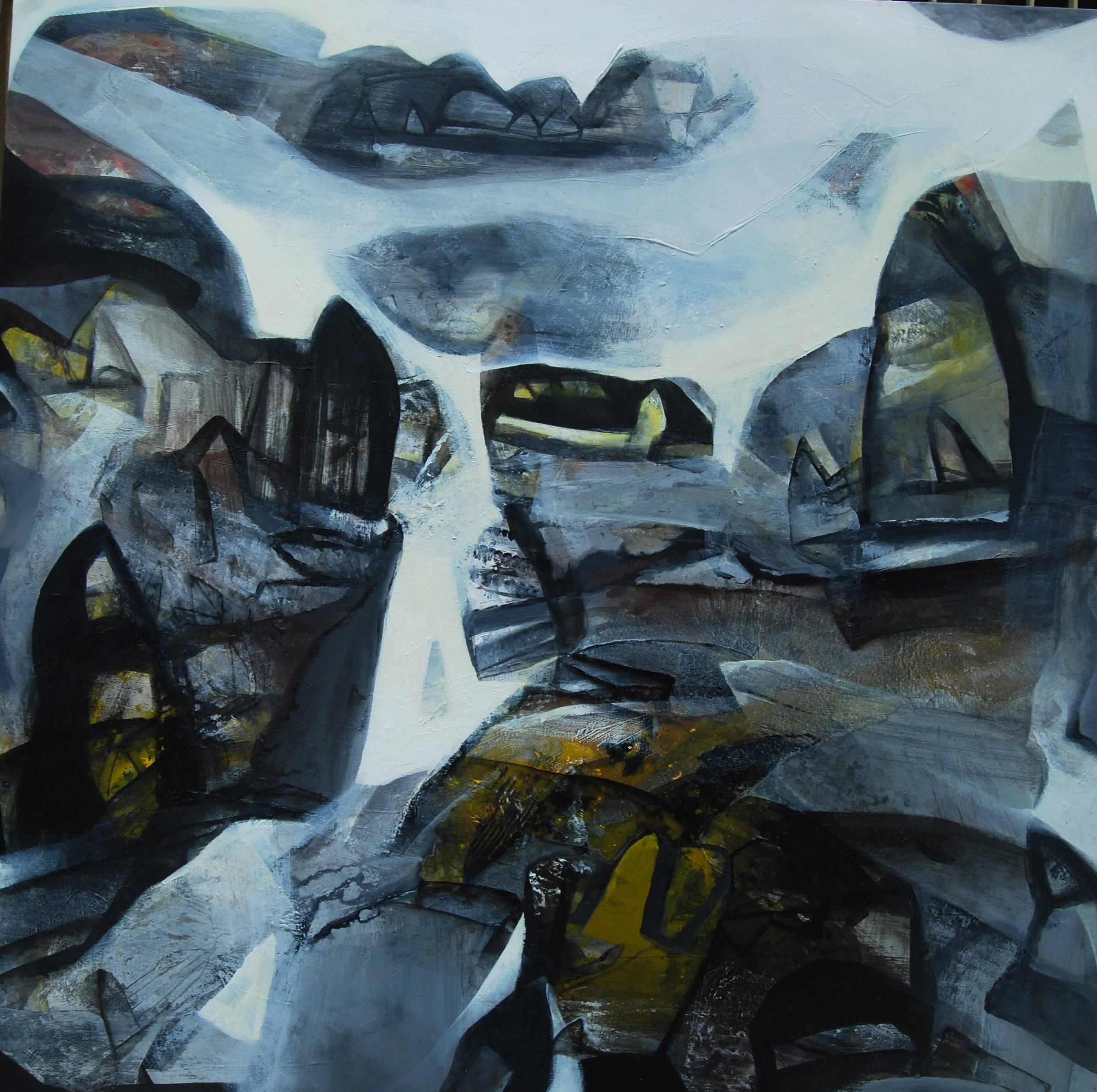 Tapas Ghosal Abstract Painting - Cityscapes of Benaras, Abstract, Charcoal, Acrylic, Oil, White, Blue "In Stock"