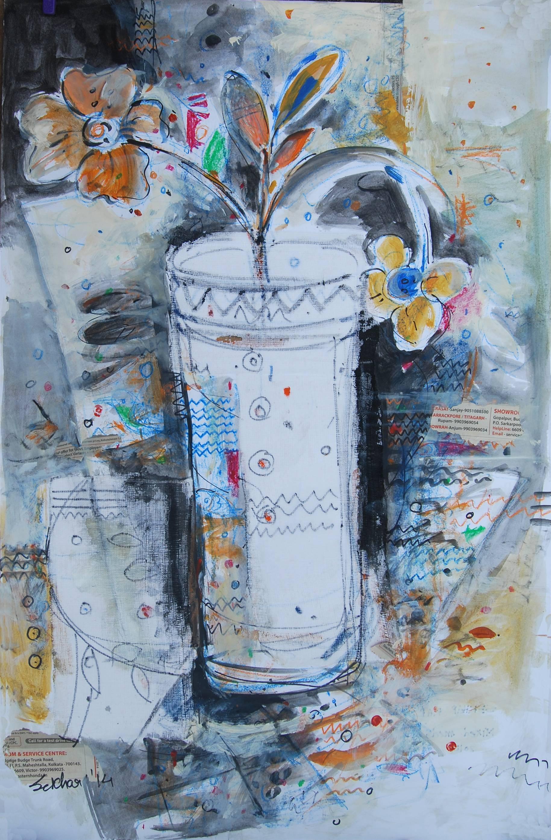 Flower Vase, Mixed Media on paper, Blue, Red, Black by Indian Artist 