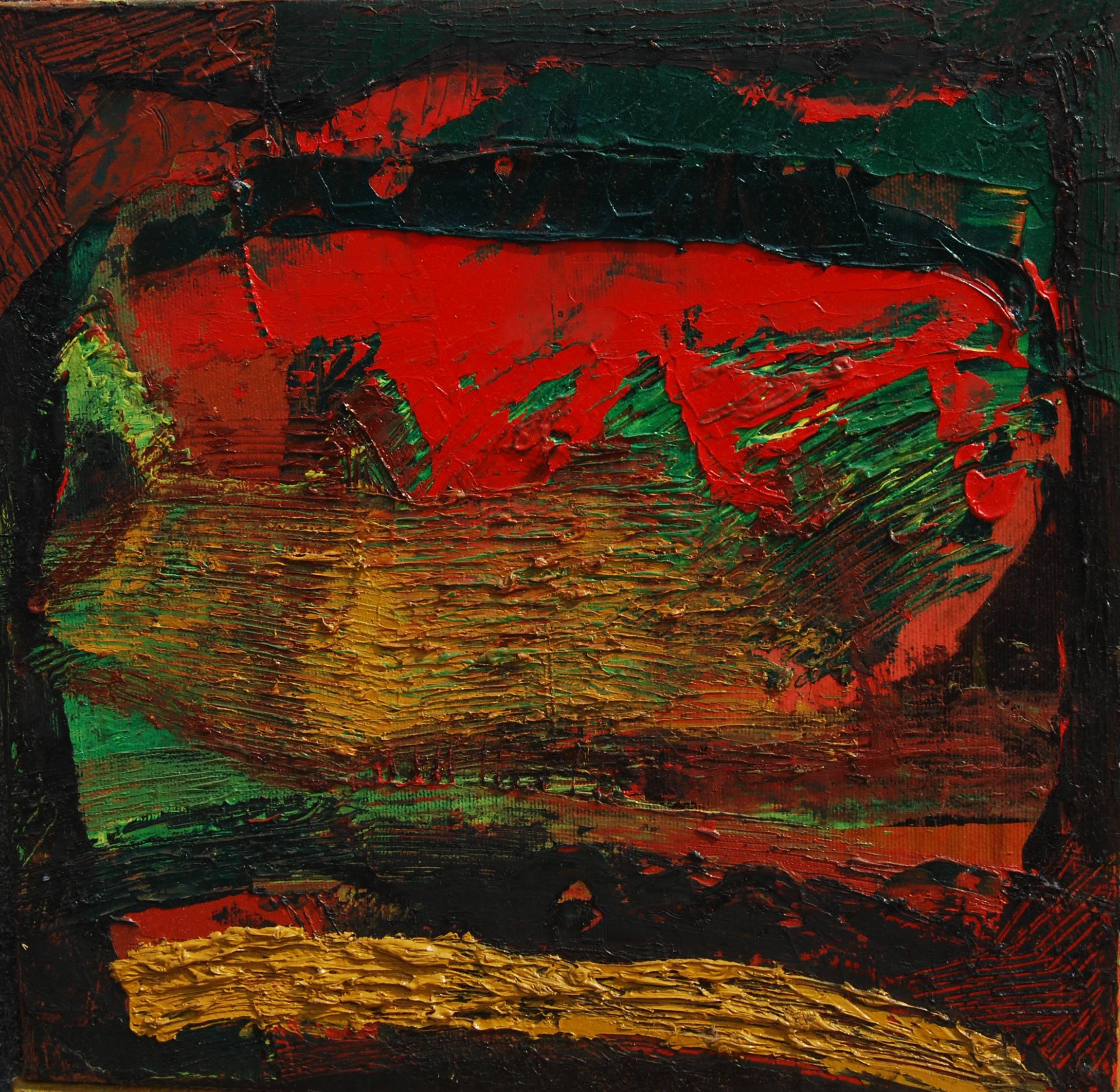 Tapas Ghosal Abstract Painting - Abstract, Acrylic & Oil on Canvas, Red, Green, Brown by Indian Artist "In Stock"