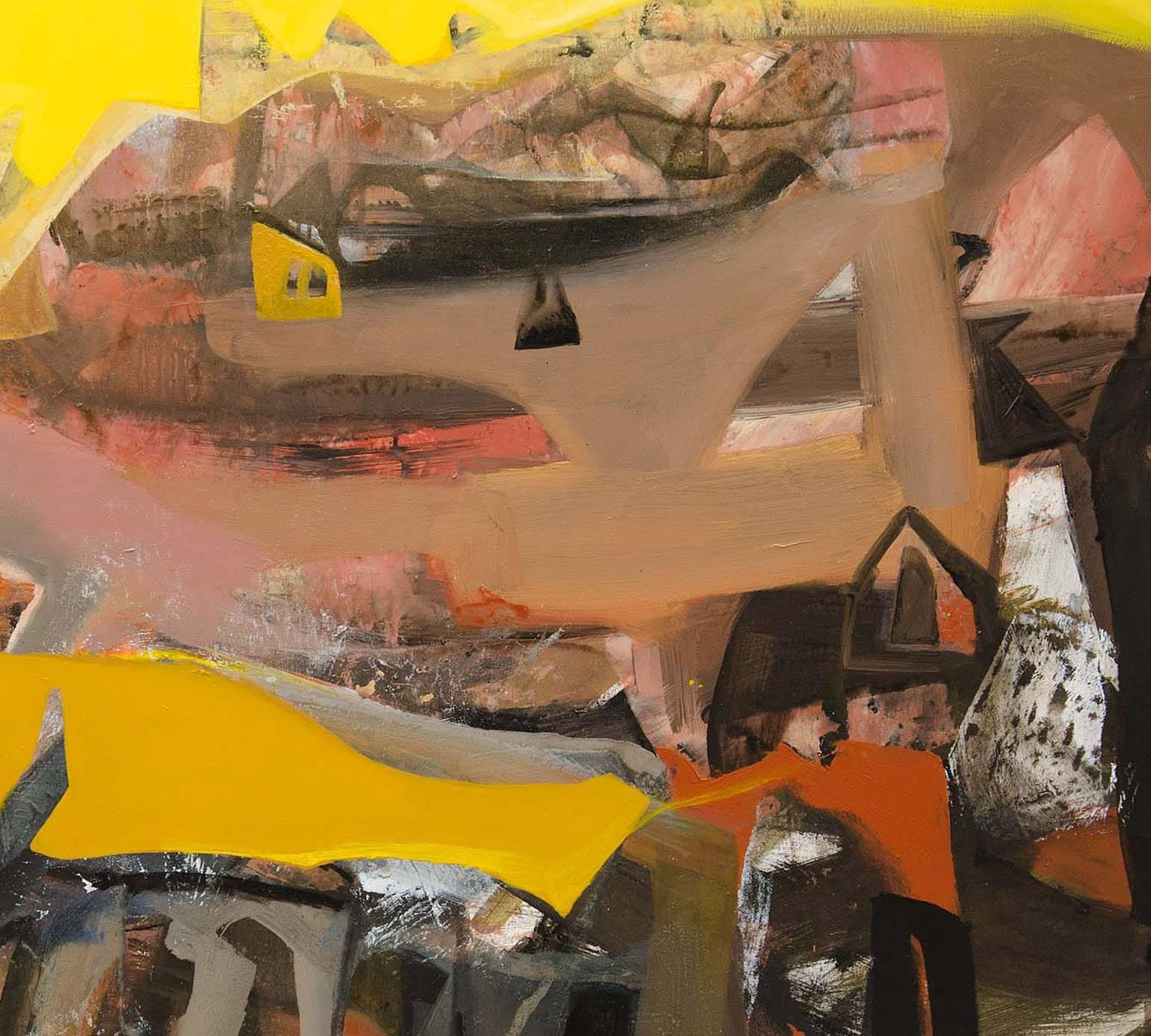 Abstrait, Beneras, paysage urbain, acrylique, rouge, jaune, marron, gris, en stock - Marron Interior Painting par Tapas Ghosal