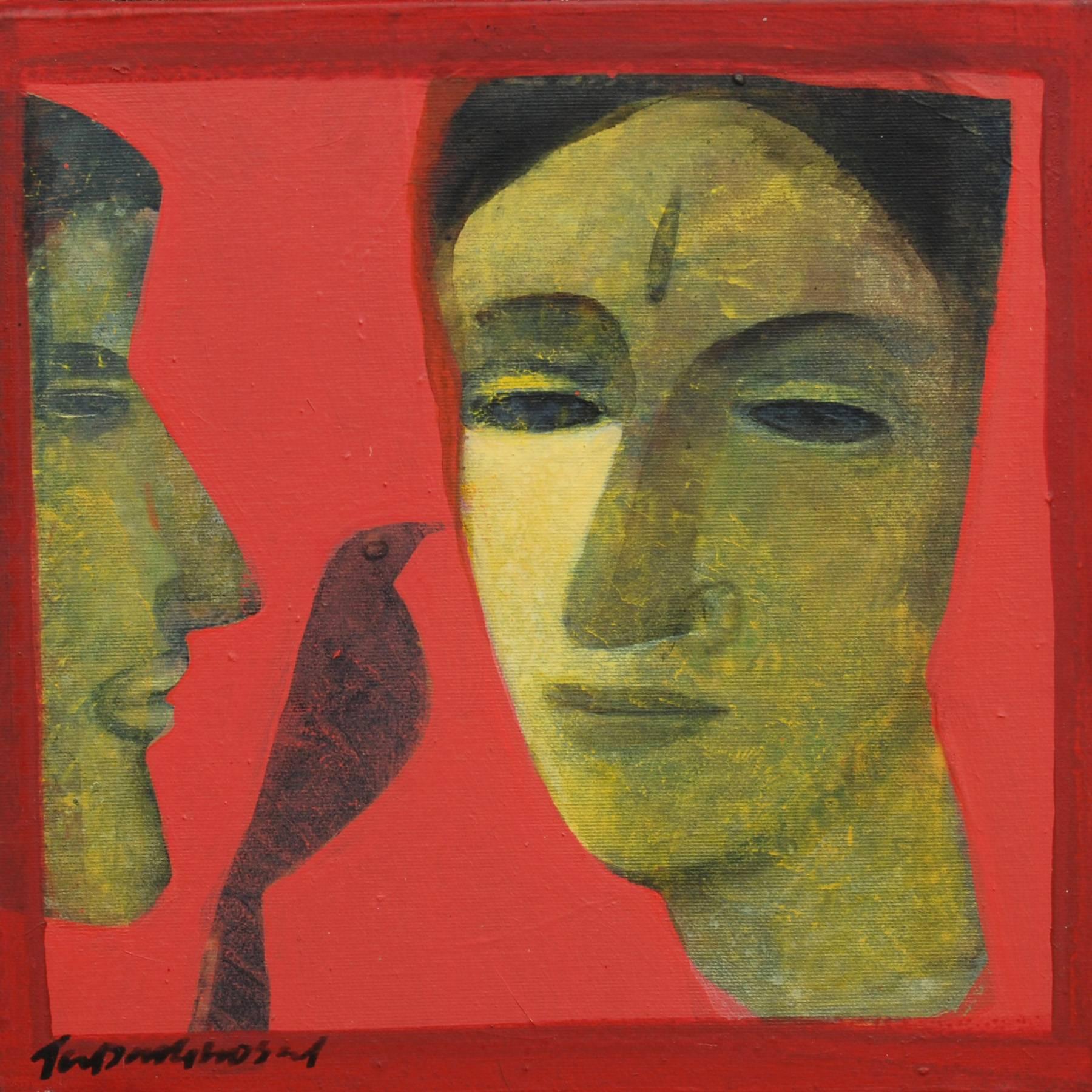 Tapas Ghosal Figurative Painting - Sakti, Faces, Acrylic on Canvas, Red, Green, Brown by Indian Artist "In Stock"