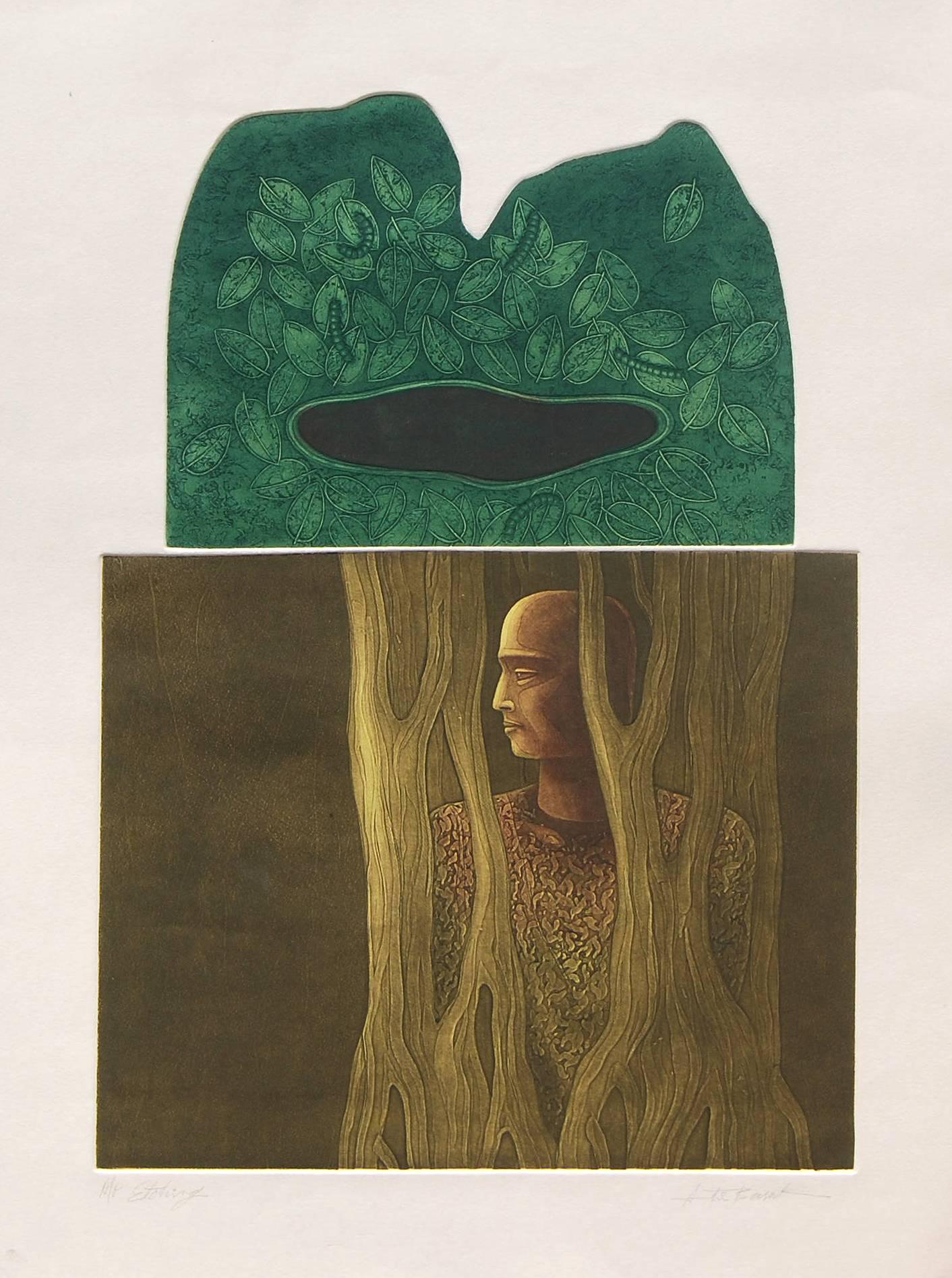 Atin Basak Figurative Print - Figurative, Tree, Etching on paper, Green & Brown by Indian Artist "In Stock"
