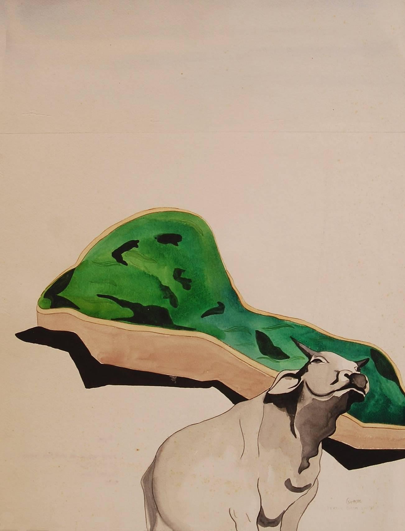 Cow, Animal Painting, Mixed Media, Green, Grey by Indian Artist "In Stock"  - Mixed Media Art by Pratul Dash
