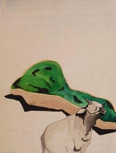 Cow, Animal Painting, Mixed Media, Green, Grey by Indian Artist "In Stock" 