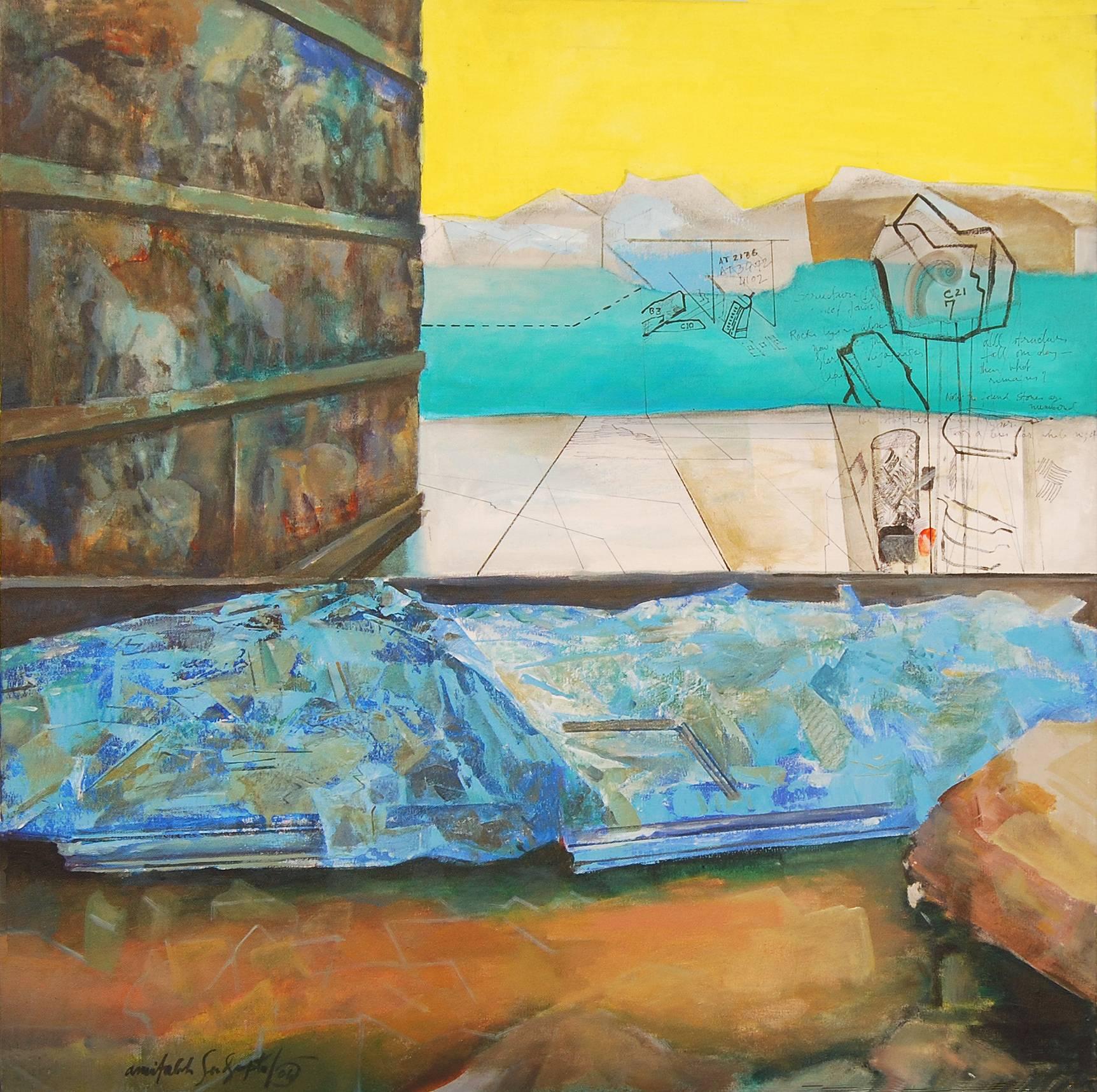 Trip to Hampi, peinture à l'huile abstraite, jaune, bleue de l'artiste indien « en stock »
