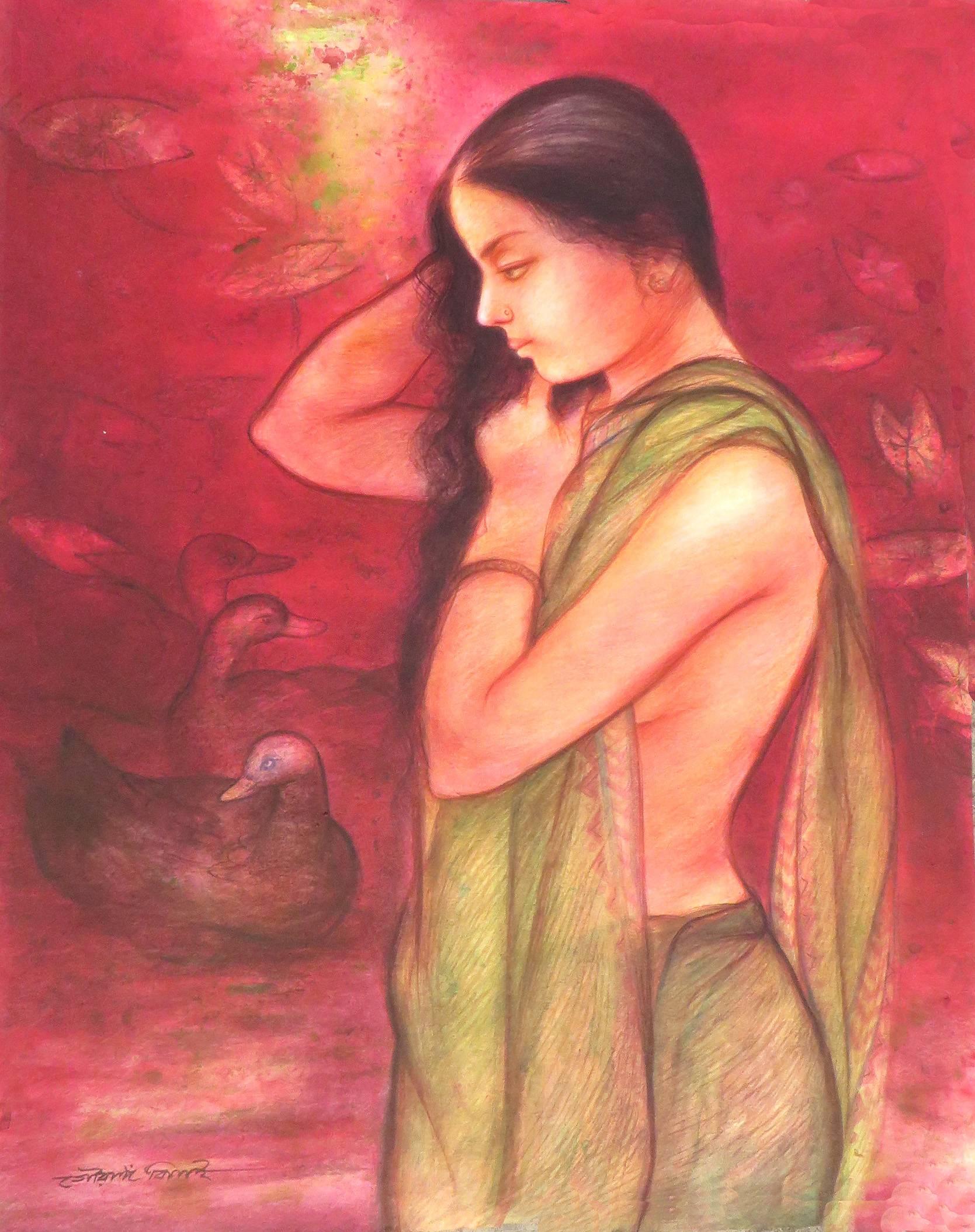 Lotus Pond, Bathing Bengali Women, Mixed Media, Watercolor, Red, Green"In Stock"