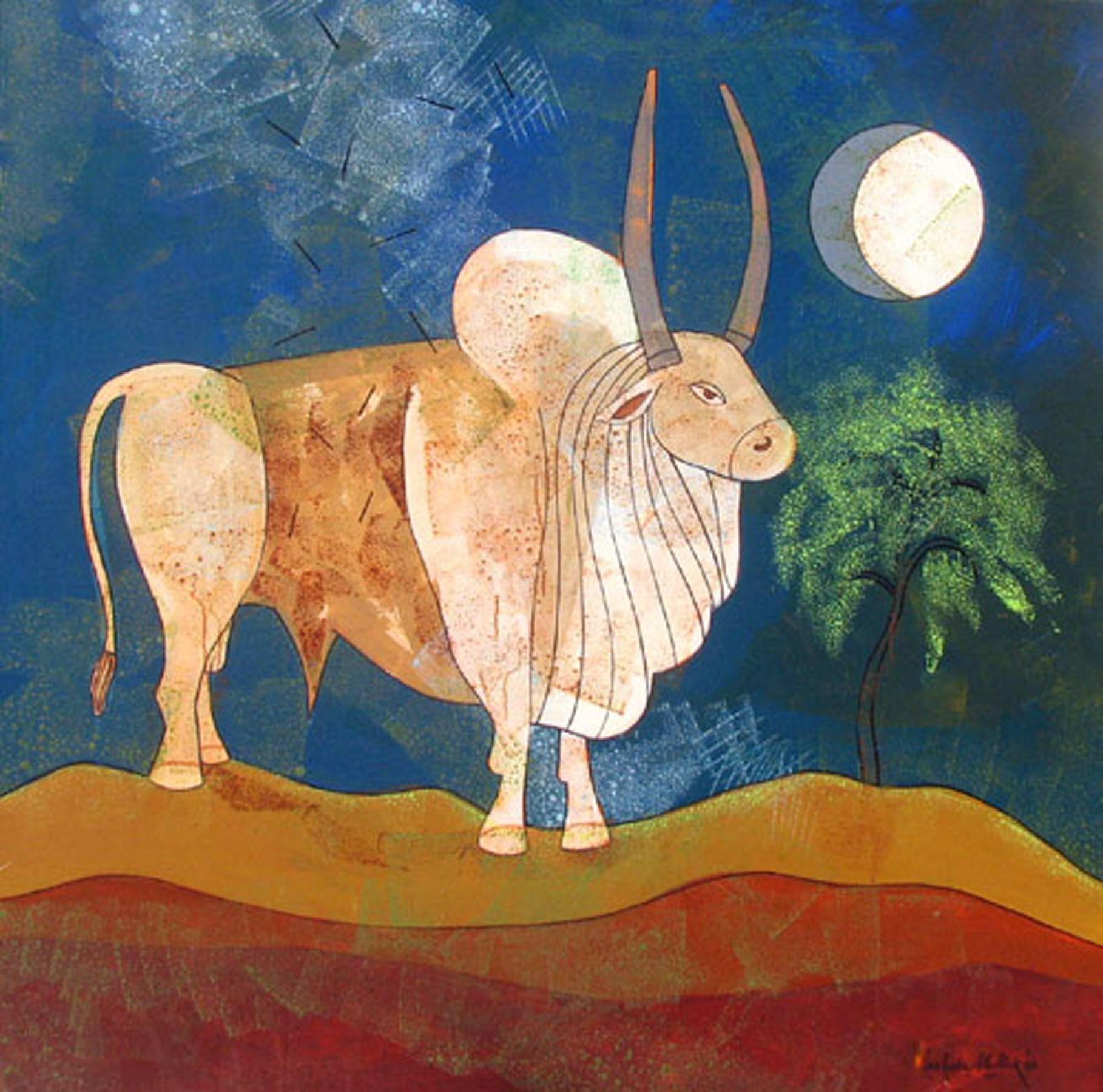 Ashoke Mullick Animal Painting - Bull, Moonlight, Blue Sky, Acrylic, White, Brown, Green, Indian Artist"In Stock"