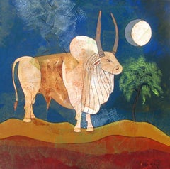 Bull, Moonlight, Blue Sky, Acrylic, White, Brown, Green, Indian Artist"In Stock"