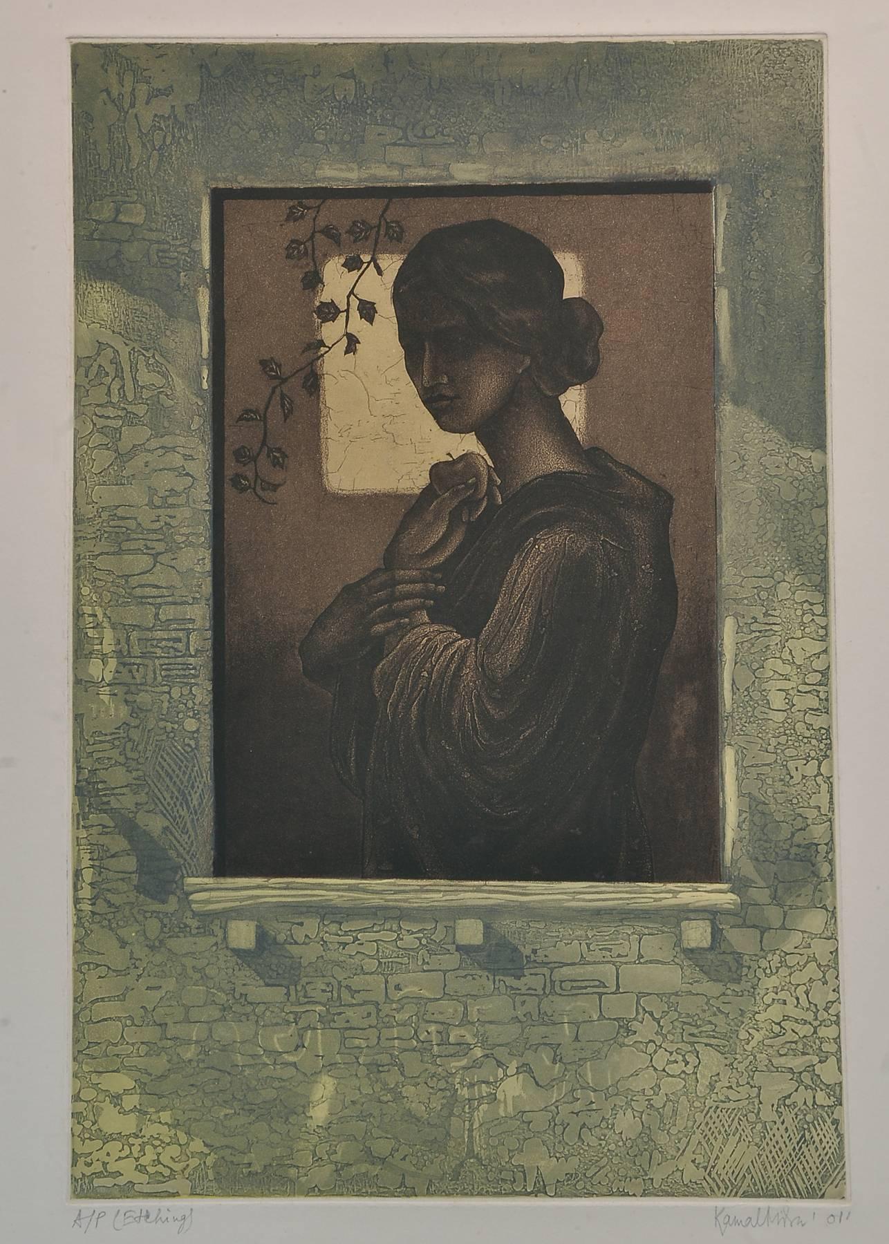 Kamal Mitra Figurative Painting - Woman standing beside Window, Etching on paper, Green, Brown, Black "In Stock"