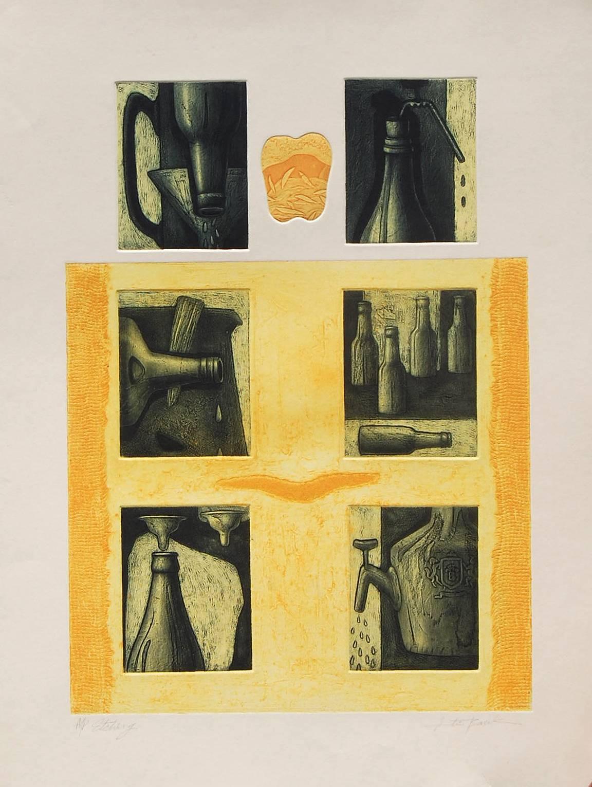 Nature morte, eau-forte sur papier, vert, jaune, orange, de l'artiste indien « en stock »