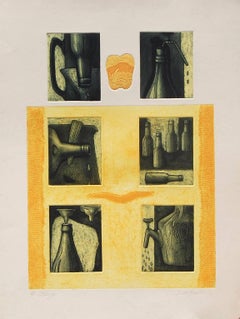 Still Life, Etching on paper, Green, Yellow, Orange by Indian Artist "In Stock"