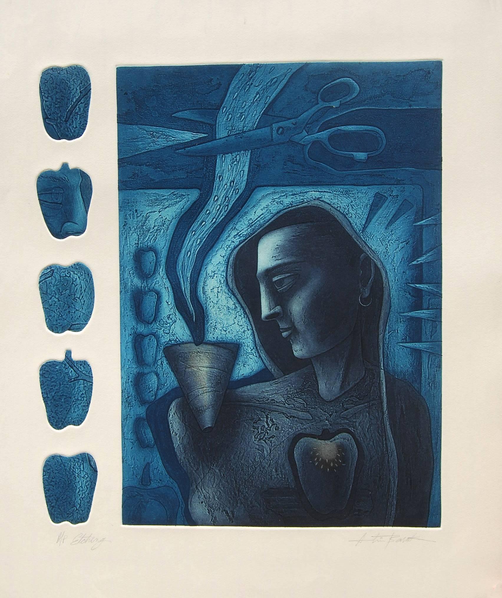 Figurative, Etching on paper, Deep Blue, Black by Indian Artist "In Stock"