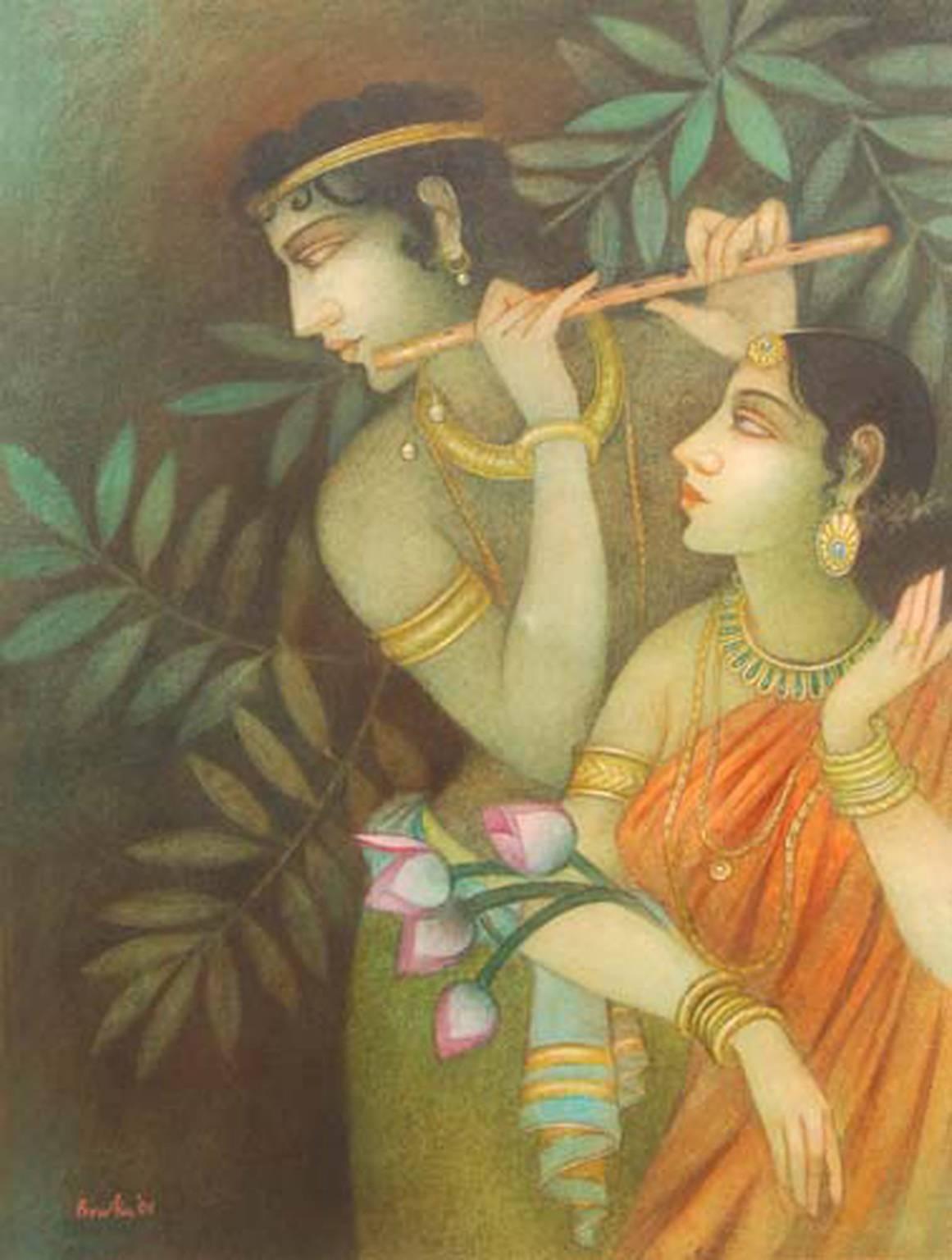 Bratin Khan Interior Painting - Krishna & Radha, Mythology, Tempera on canvas, Red, Pink, Green, Yellow"In Stock"