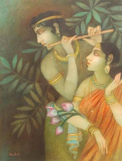 Krishna & Radha, Mythology, Tempera on canvas, Red, Pink, Green, Yellow"In Stock"