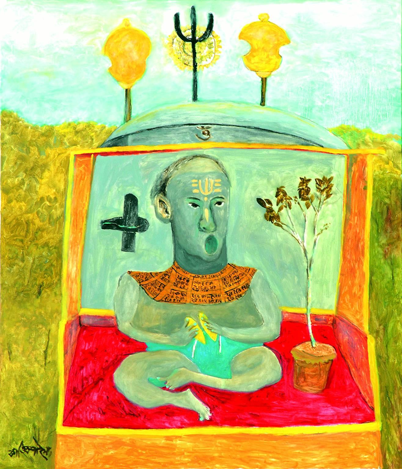 Kartick Chandra Pyne Figurative Painting - Kirtan, Oil, Acrylic, Canvas, Red, Yellow, Green Modern Indian Artist "In Stock"