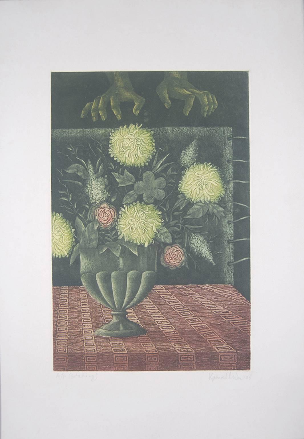 Vase à fleurs, eau-forte sur papier, couleurs vertes et brunes par l'artiste indien « en stock »