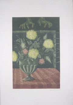 Used Flower Vase, Etching on paper, Green, Brown colors by Indian Artist "In Stock"