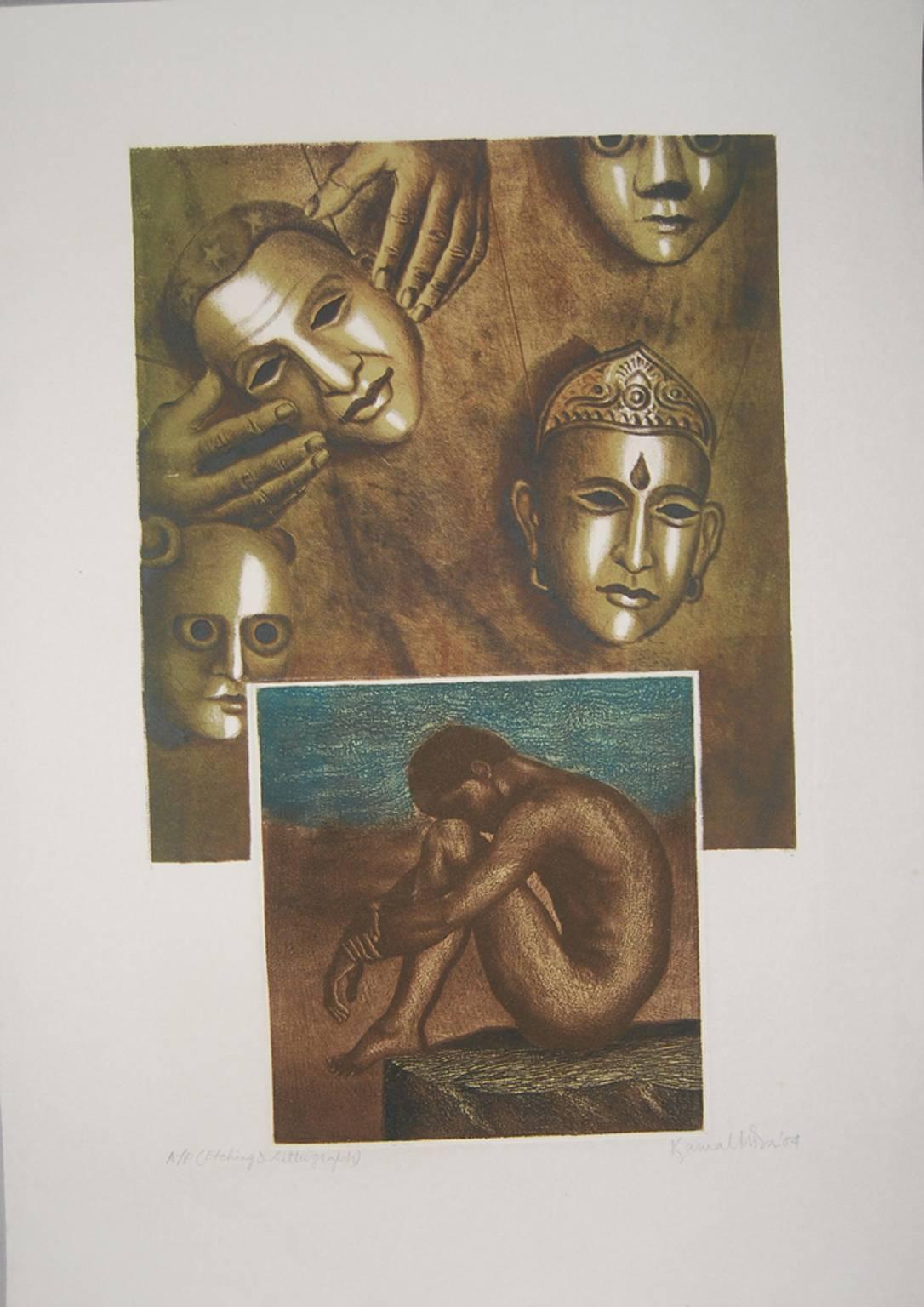 Nude Painting Kamal Mitra - Nu, visage, eau-forte, lithographie sur papier, marron, bleu de l'artiste indien « en stock »