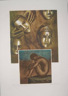 Nu, visage, eau-forte, lithographie sur papier, marron, bleu de l'artiste indien « en stock »