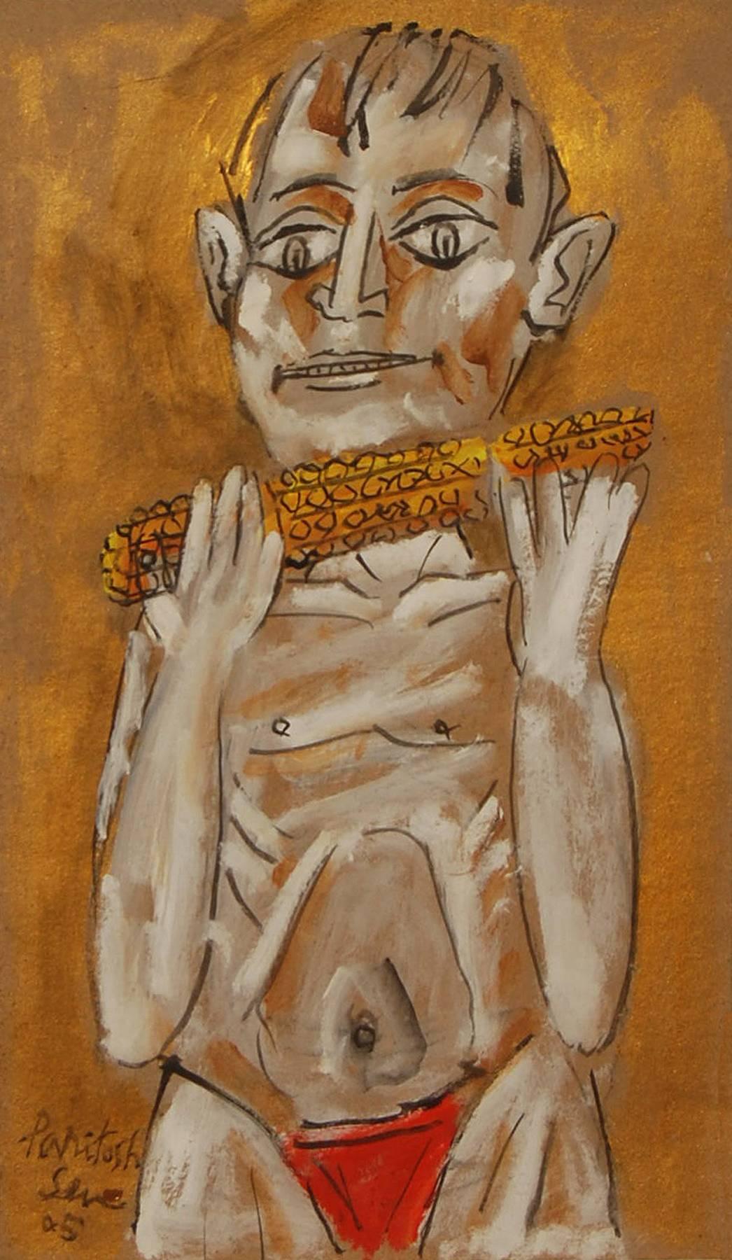 Boy eating Corn, Great Acrylic work by the Student of Picasso, Paritosh Sen