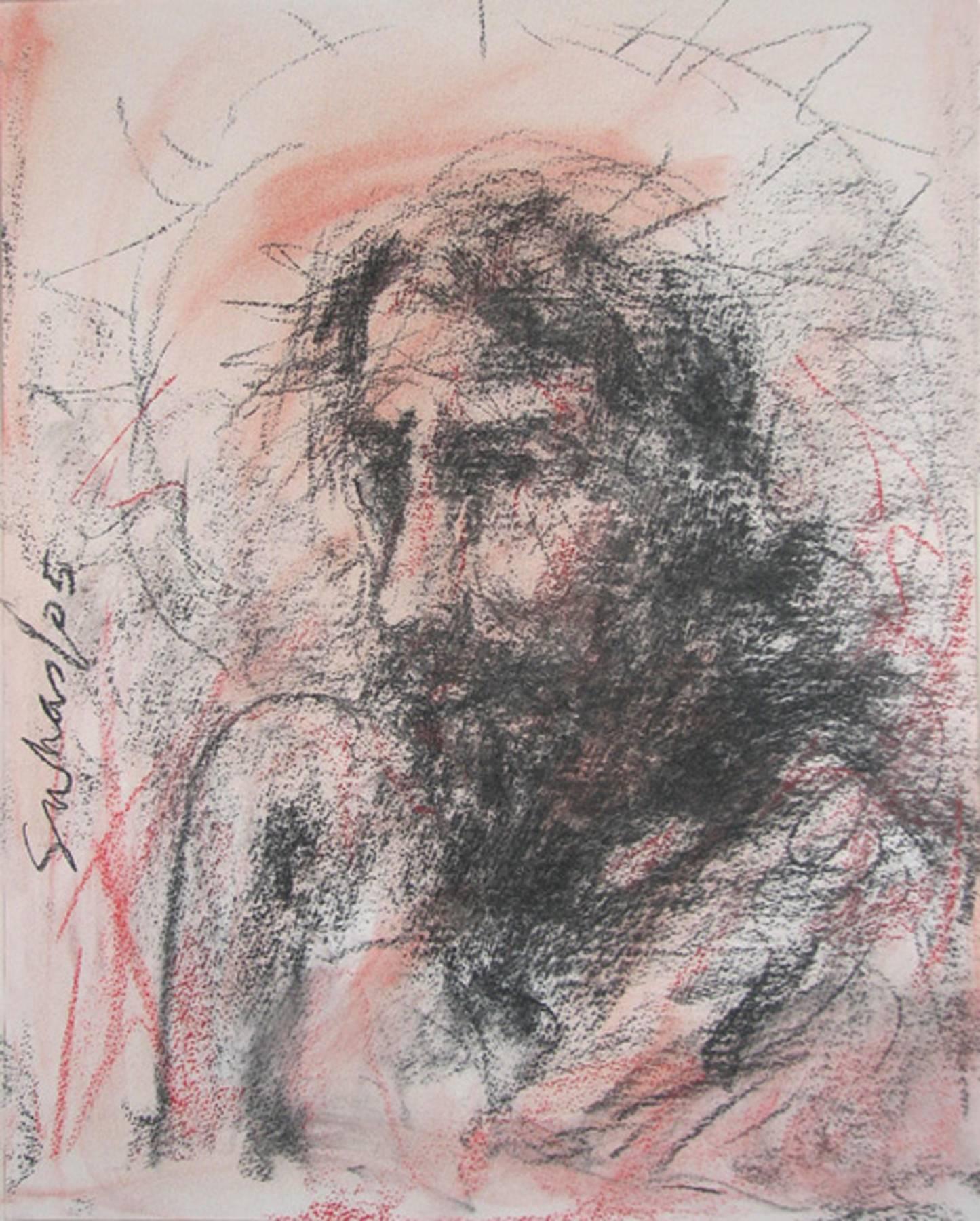 Suhas Roy Figurative Painting - Christ, Symbolic of the Pain & Torture, Mixed Media, Pink, Black "In Stock"