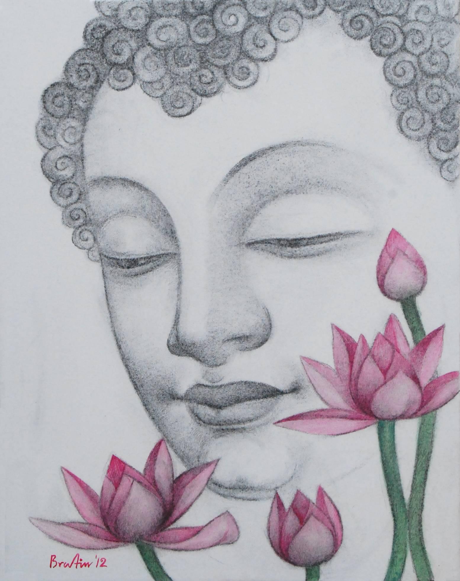 Enlightened, Buddha, Charcoal, Pastel on canvas, Black, Pink, Green "In Stock"