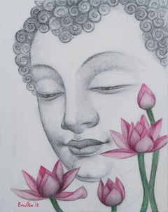 Enlightened, Buddha, Charcoal, Pastel on canvas, Black, Pink, Green "In Stock"