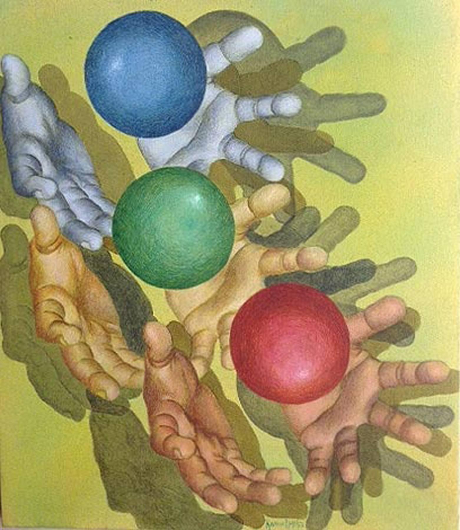 Kamal Mitra Figurative Painting - Play, Balls, Acrylic on Canvas, Blue, Red, Green by Indian Artist "In Stock"