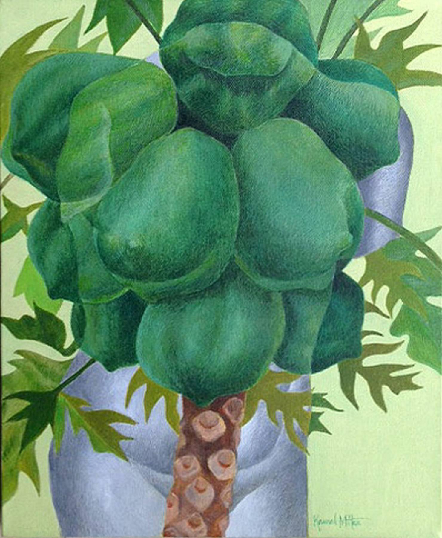 Kamal Mitra Interior Painting - Fruits, Acrylic on Canvas, Green, Blue, Brown by Indian Artist "In Stock"