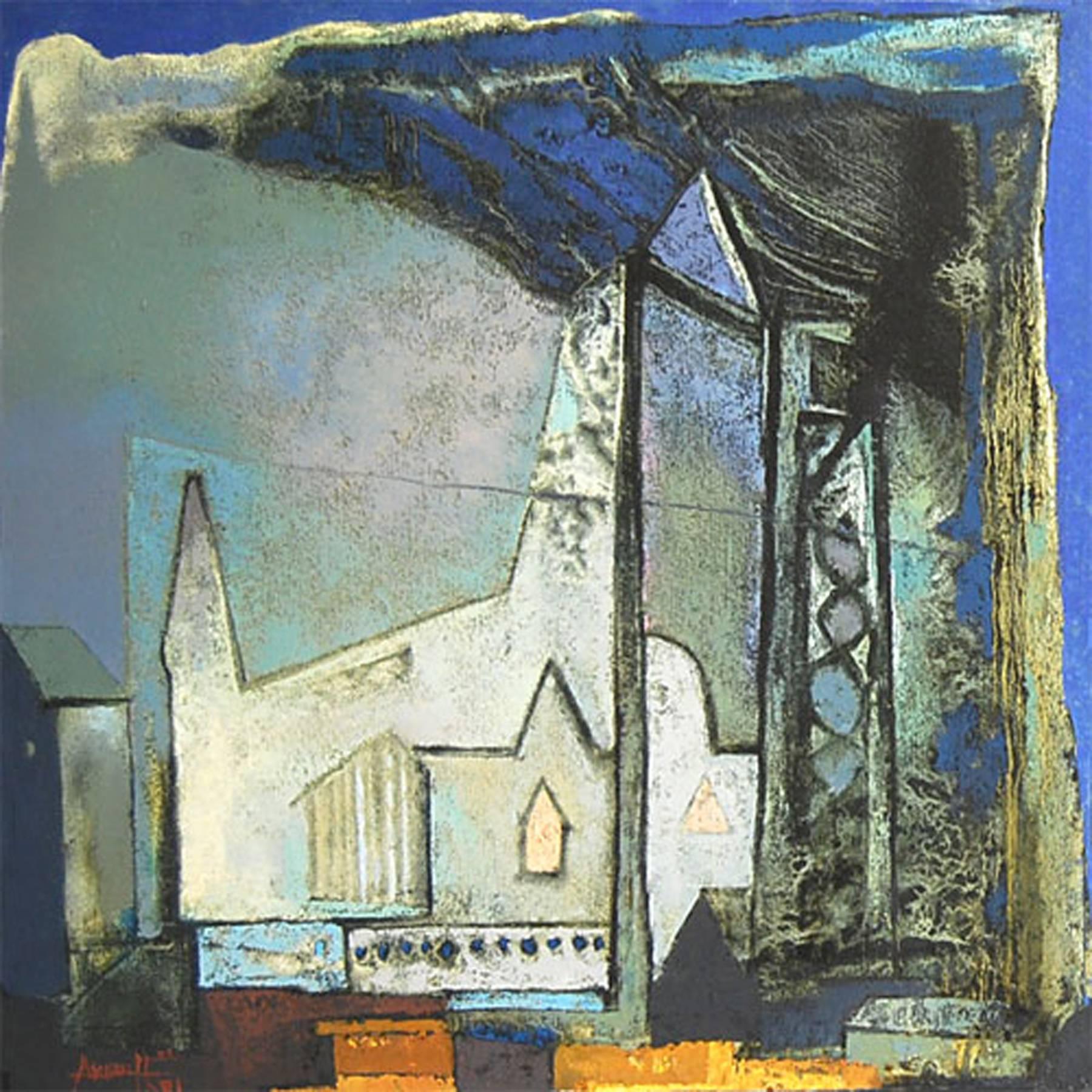 Somenath Maity Abstract Painting - Structures, Cityscapes, Houses, Oil on Canvas , Blue and White Color "In Stock"