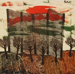 Pittura astratta, acrilico, colori rosso, verde, marrone di artista indiano "In magazzino"