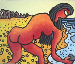 Série de plages en techniques mixtes sur papier, rouge, jaune, de l'artiste indien maître « en stock »