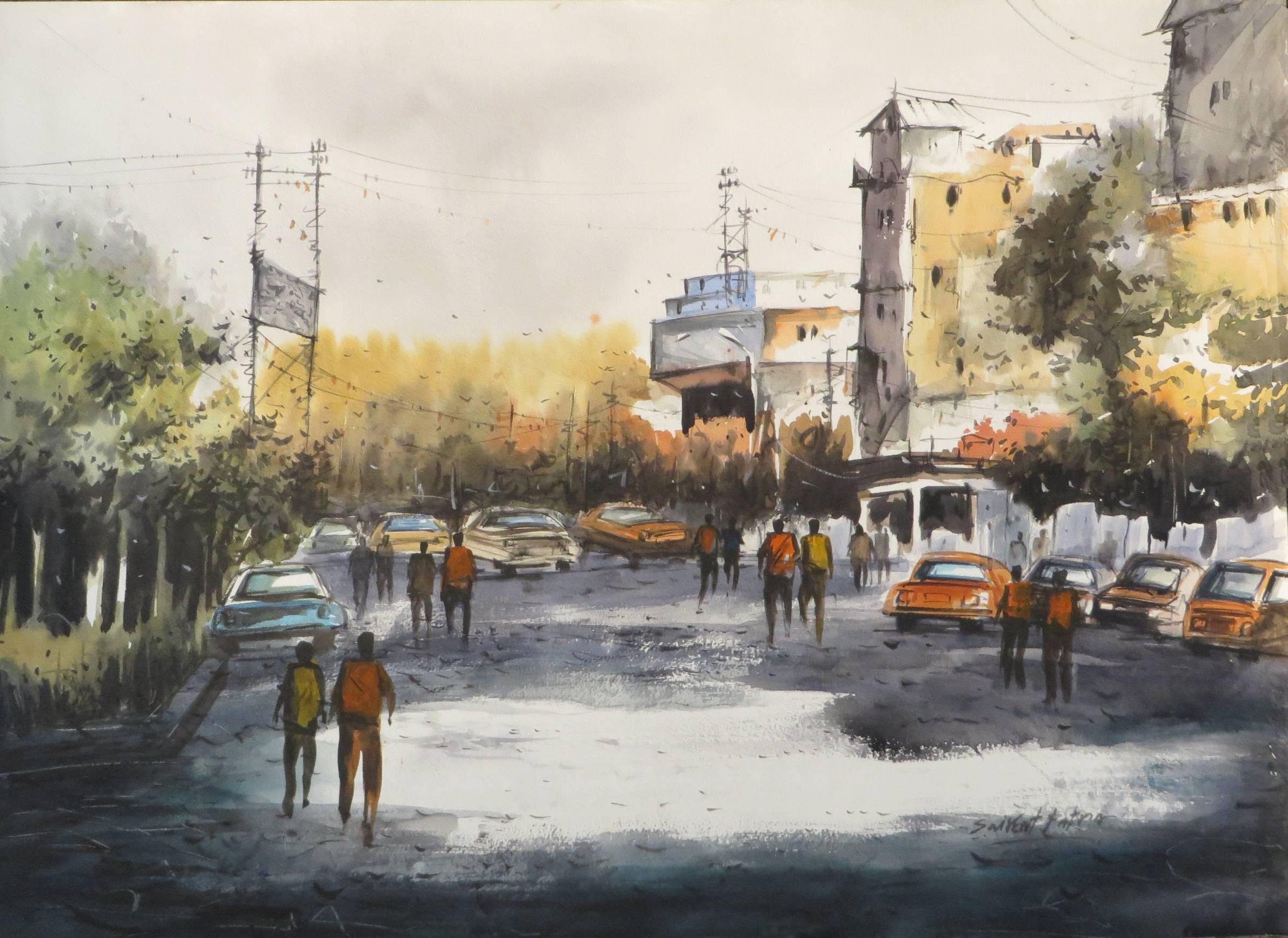 Saikat Patra Figurative Painting - City Scape, City Life, Car, Watercolor on Paper by Indian Artist "In Stock"