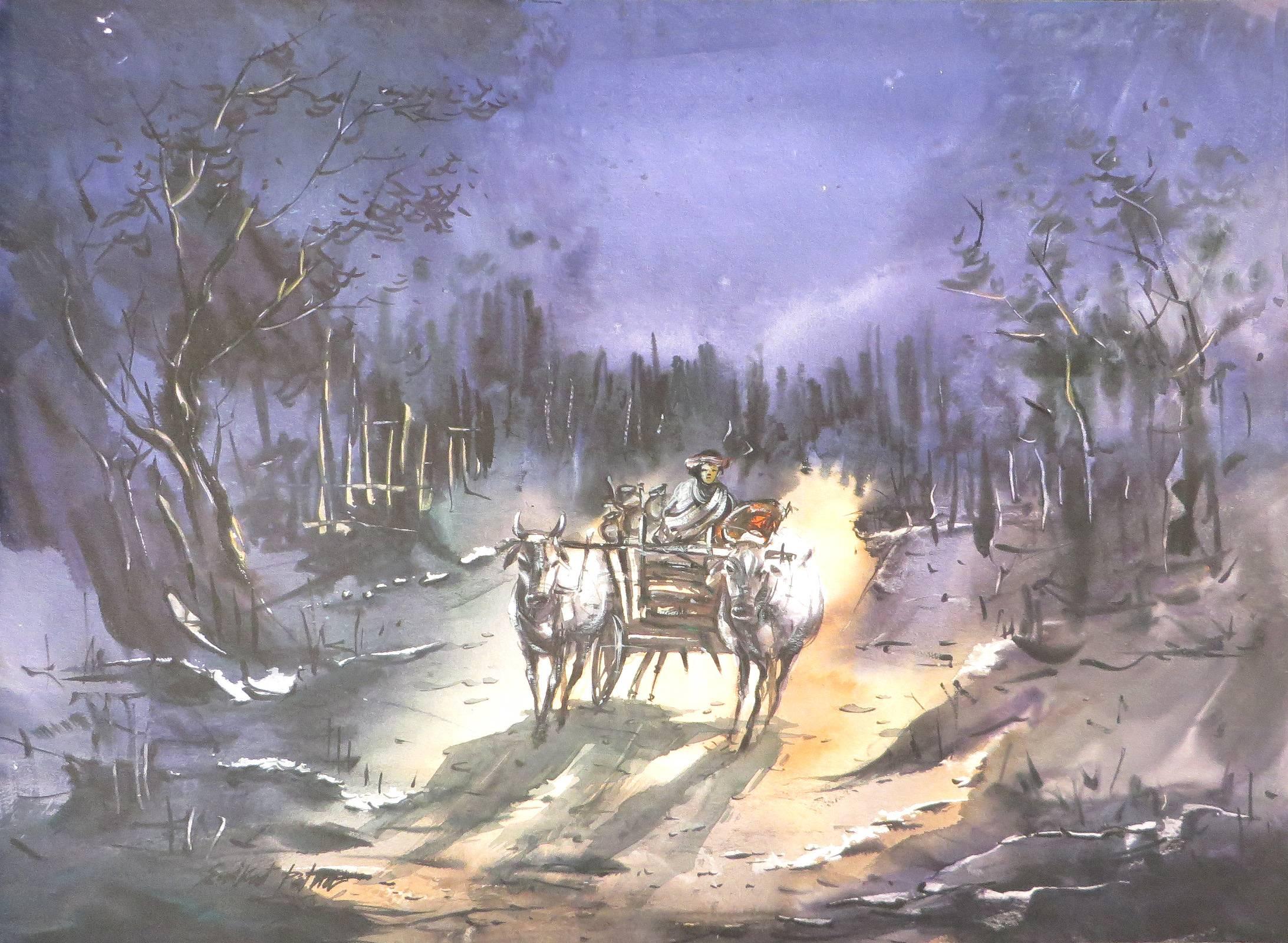 Village Scene at Night, Cow Cart, Watercolor on Paper, Violet, Brown "In Stock"