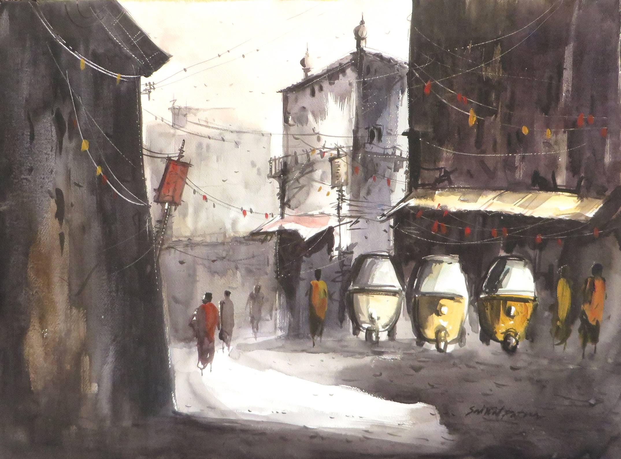Cityscape, Autorickshaw, Watercolor on Paper by Indian Artist "In Stock"