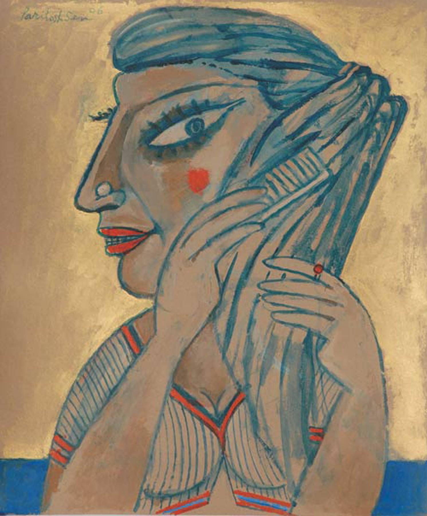 Paritosh Sen Figurative Painting - Girl Combing her Hair, Mixed Media on Board by Indian Master Painter "In Stock"