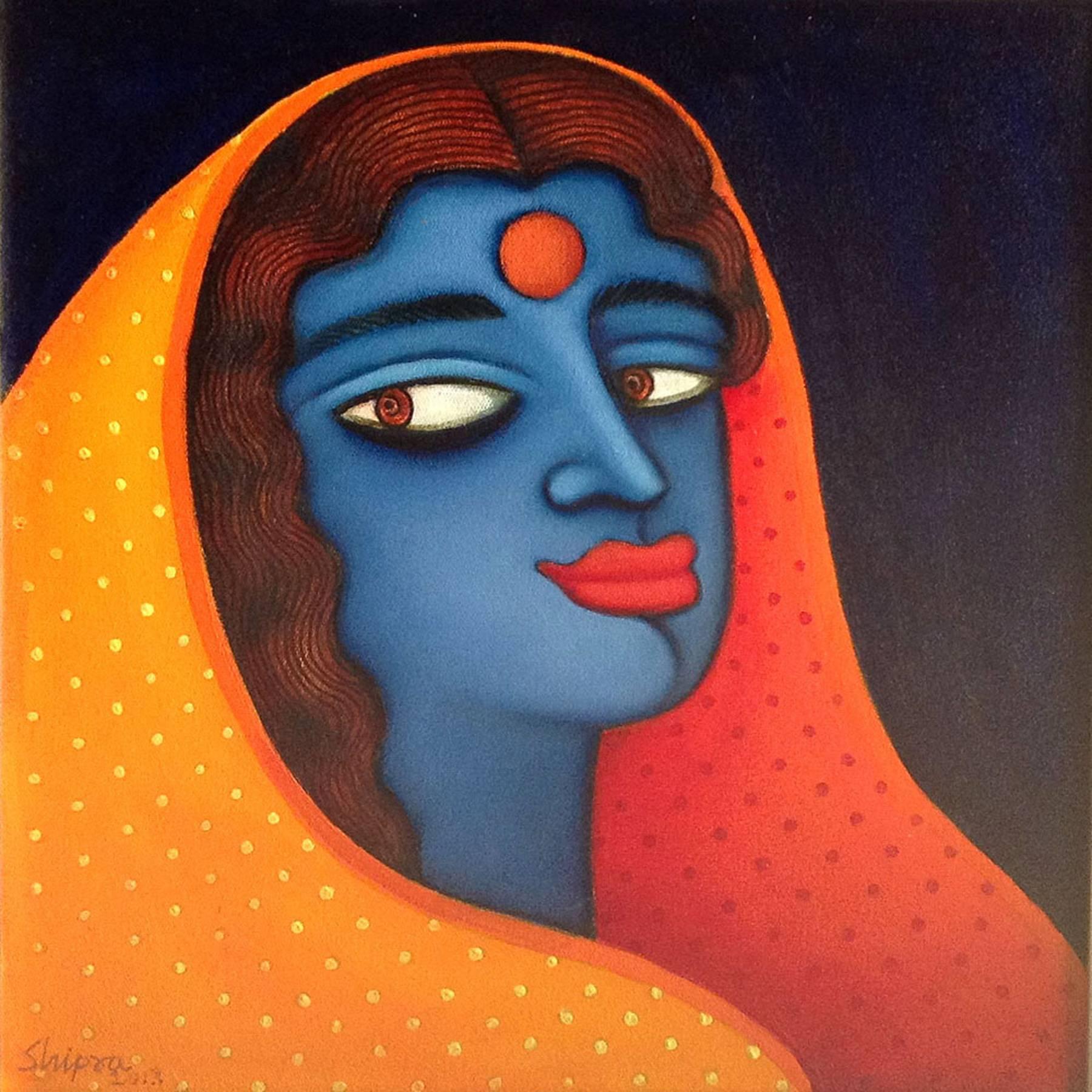 Shipra Bhattacharya Interior Painting - Maya, Blue Women in Orange, Red Saree, Acrylic, Oil by Indian Artist "In Stock"