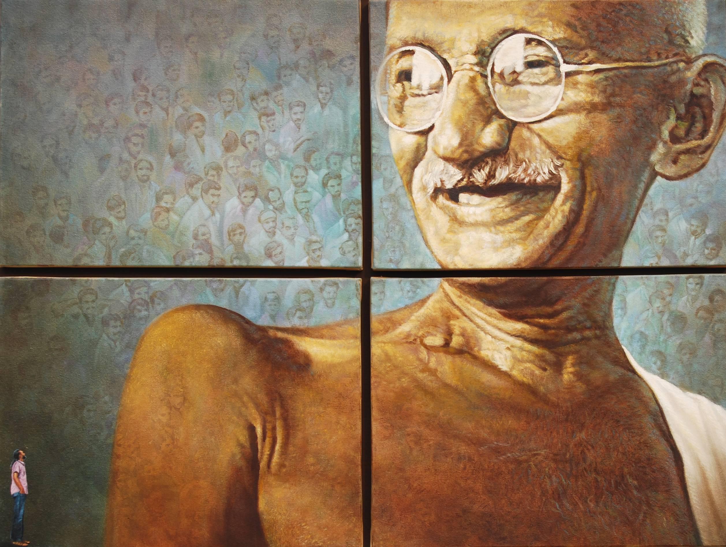 Viveek Sharma Figurative Painting - Reflections of Mahatama, Father of Nation, Oil Painting, Brown, Blue "In Stock"