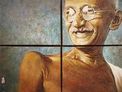 Reflections of Mahatama, Father of Nation, Oil Painting, Brown, Blue "In Stock"