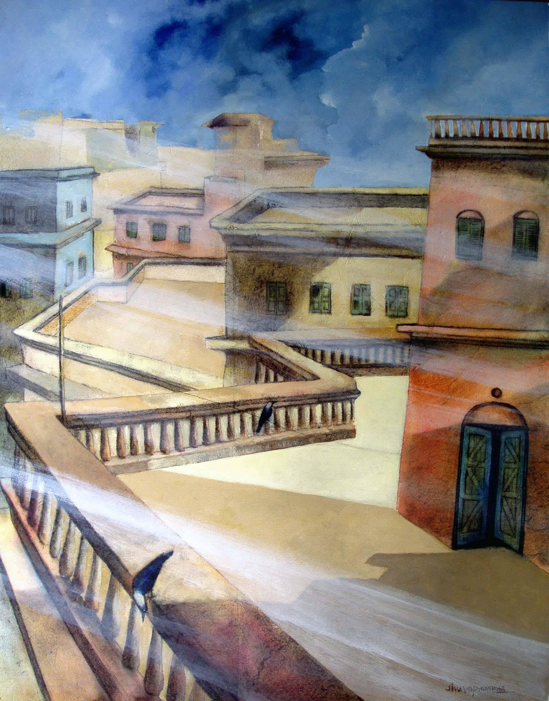 Shuvaprasanna Bhattacharya Interior Painting - Middletone, Acrylic, Charcoal and Oil on Canvas by Modern Artist "In Stock"