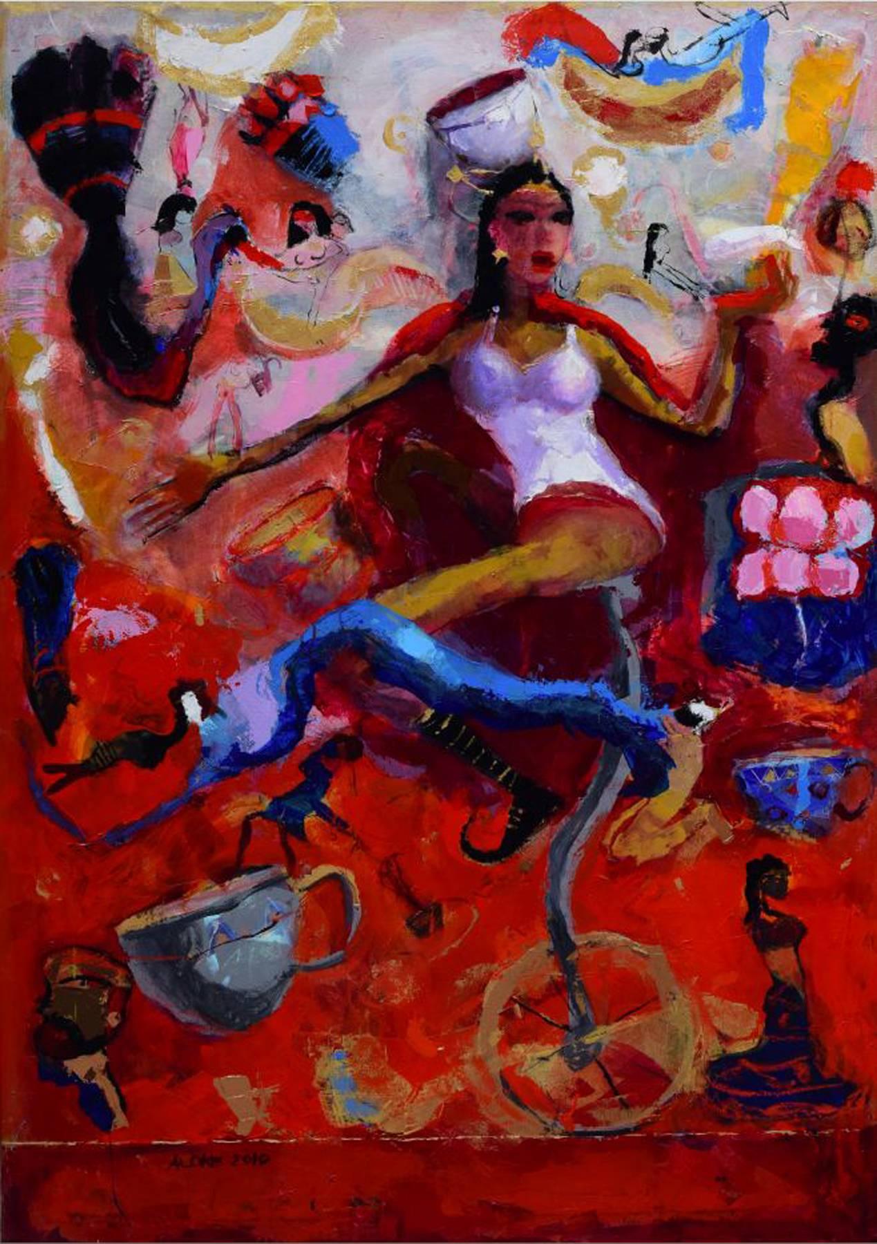 Aloke Sardar Figurative Painting - Circus Rani, Acrylic on canvas by Contemporary Artist "In Stock"