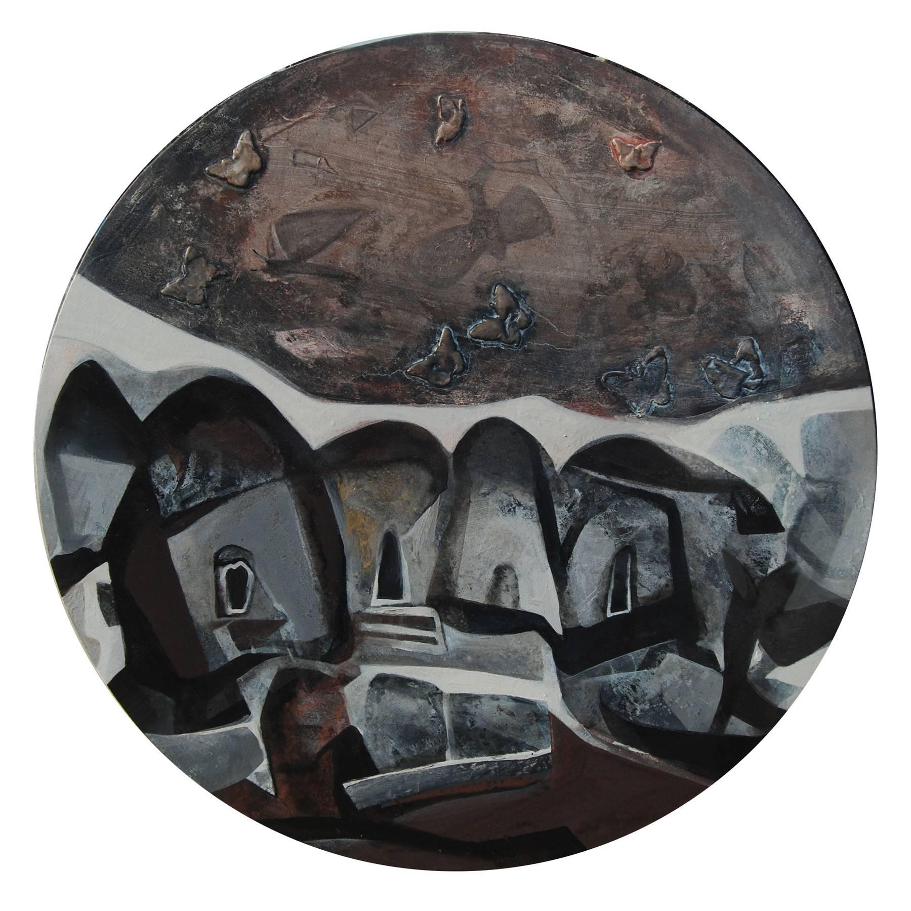 Tapas Ghosal Abstract Painting - Round, Abstract, Acrylic, Pastel, Pigment, Canvas, Brown, Black, White"In Stock"