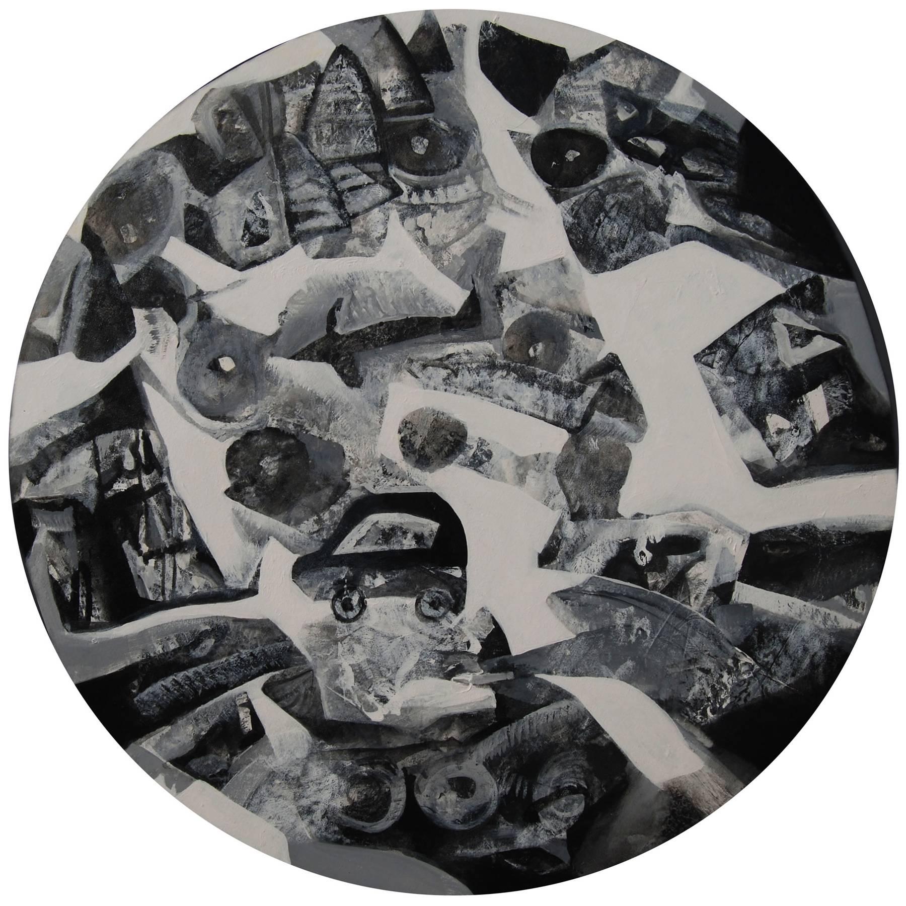 Redondo, Paisaje urbano, Negro, Blanco Acrílico, As Artista contemporáneo indio "En Stock"