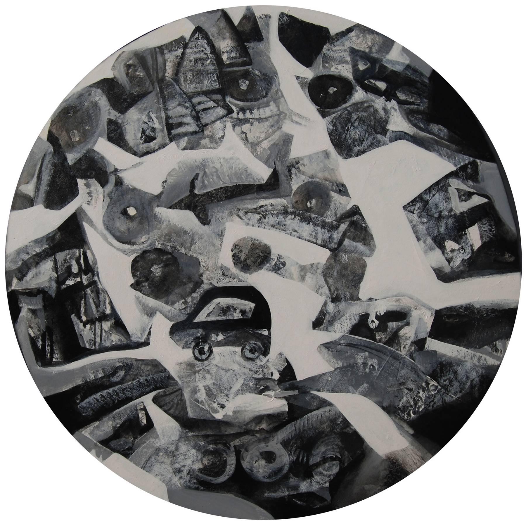 Round, Cityscape, Black, White Acrylic, Ace Indian Contemporary Artist"In Stock"