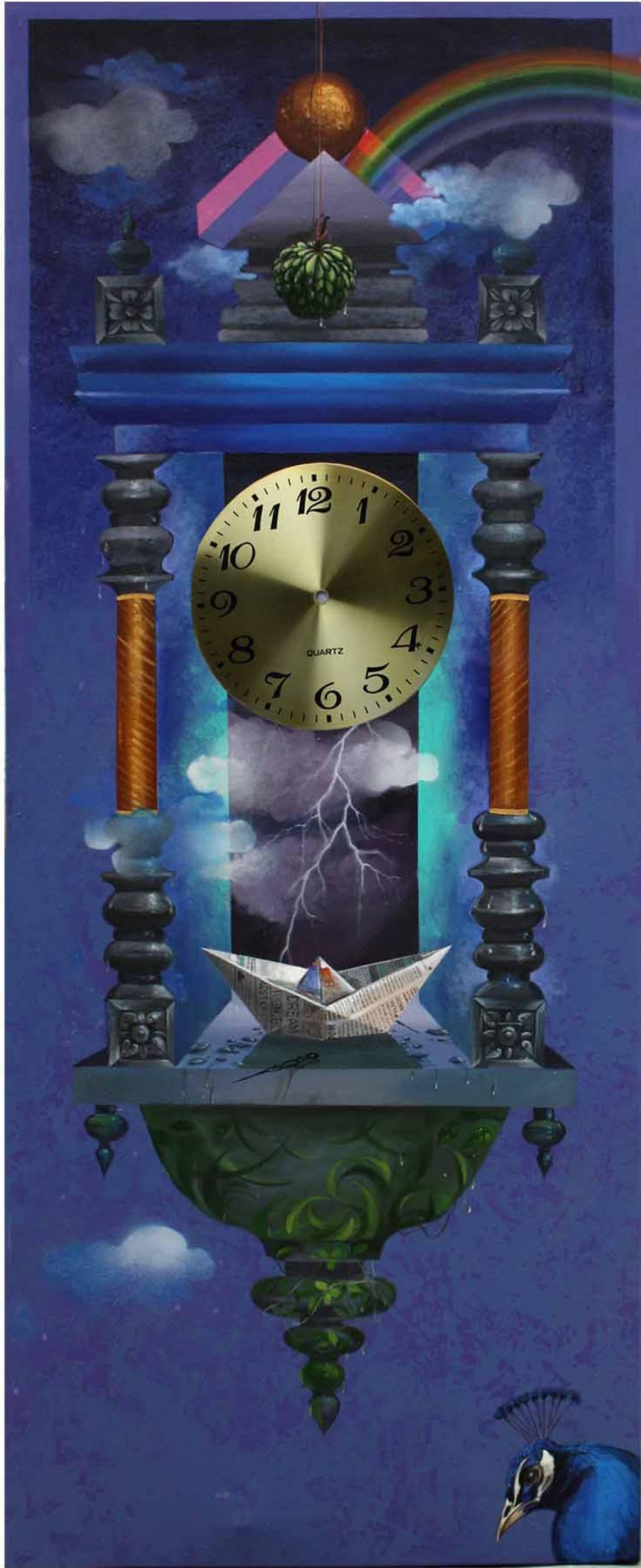 Pradosh Swain Interior Painting - Longing Past II : Wall Clock, Painting, Acrylic, Blue, Metalic sheet "In Stock"