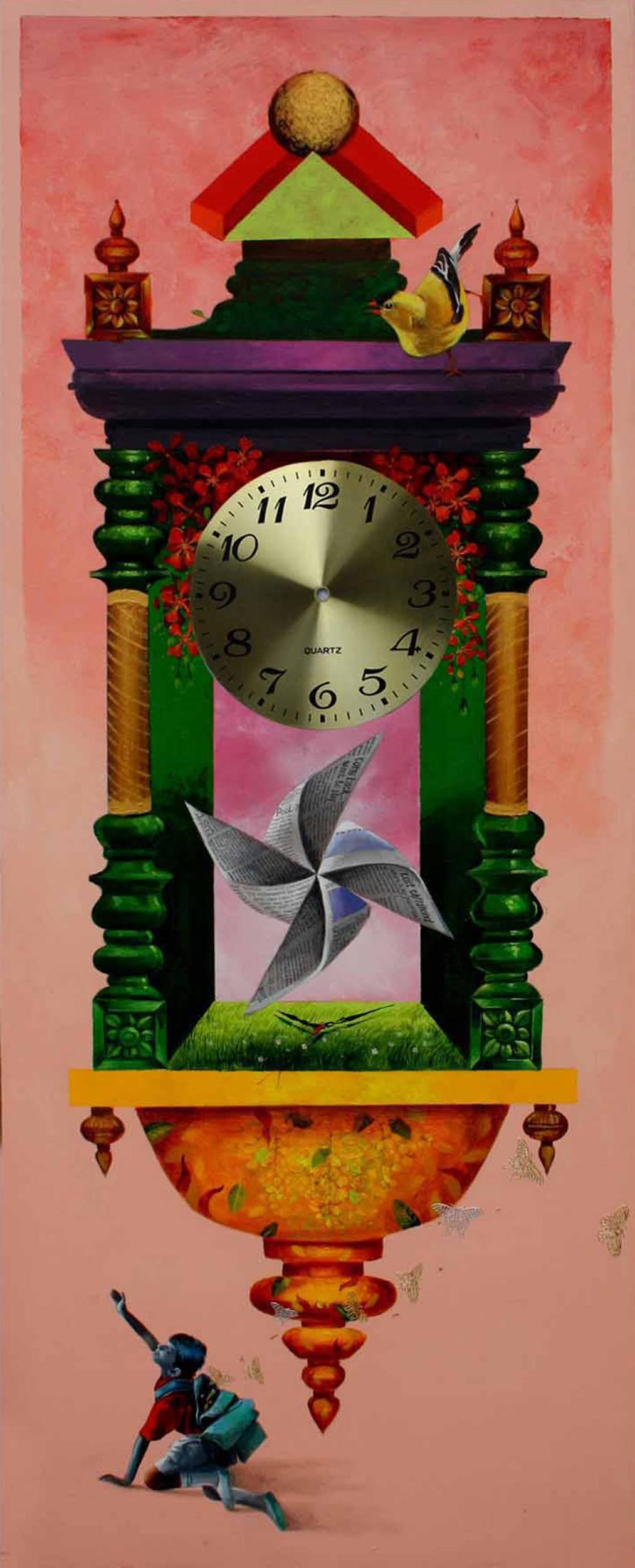 Figurative Painting Pradosh Swain - Longing Past IV : Horloge murale, rose, couleur métallique, peinture acrylique « en stock »
