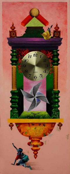 Longing Past IV : Horloge murale, rose, couleur métallique, peinture acrylique « en stock »