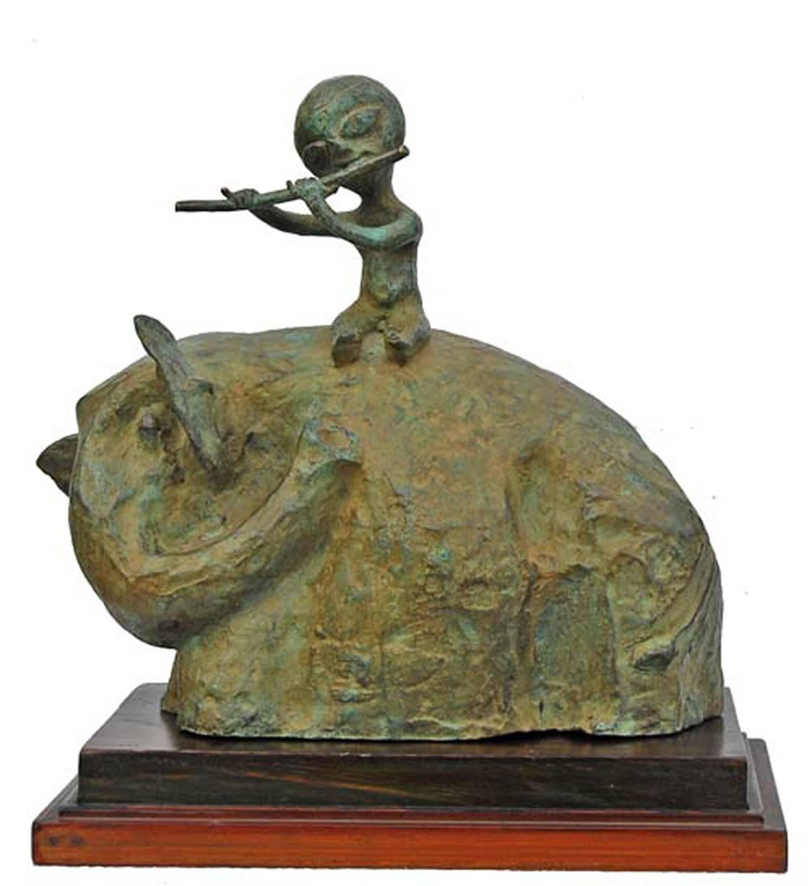 Subrata Biswas Figurative Sculpture - Krishna seated on Elephant, Playing Flute, Bronze Sculpture, Patina "In Stock"